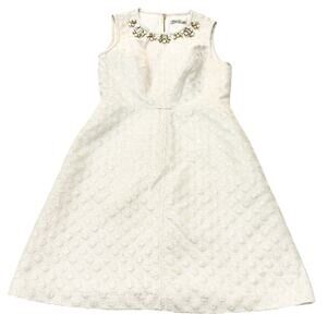 Eliza J Polka Dot Gold Shimmer Studded Neckline Midi Cream Dress Size 8